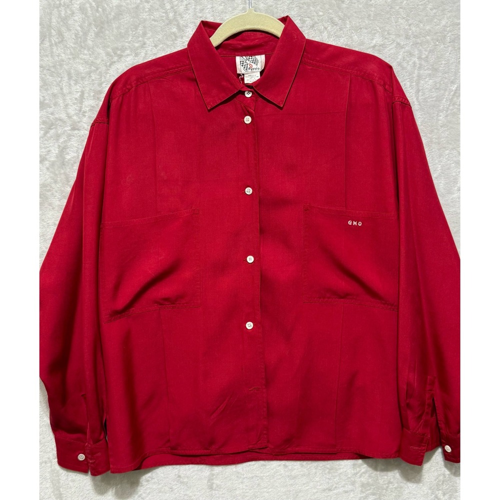 Vintage Bouffo Hong Kong Silk‎ Button Down Top Red Shirt Womenswear Oversized